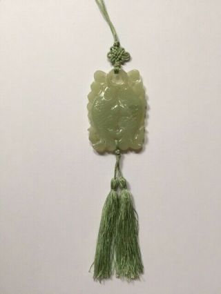 Vintage Carved Natural Jade Double - Sided Pisces Chinese Knot Tassel Pendant 28 "