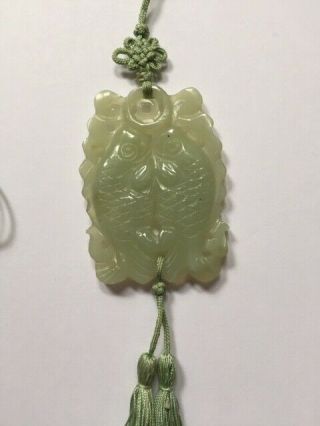 Vintage Carved Natural Jade Double - Sided Pisces Chinese Knot Tassel Pendant 28 