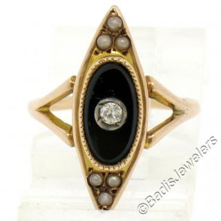 Antique Victorian 10k Rose Gold Black Onyx Diamond & Pearl Marquise Cluster Ring