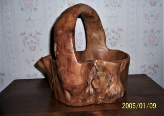 Vintage Country Primitive Hand Carved Wood Burl Flower Cottage Basket Signed