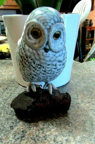 Vintage Hand Carved & Painted Snow Owl On Drift Wood Well Done Workmanship