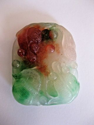 Vintage 1 3/4 " Carved Red Green Jade Stone Chinese Plaque Pendant Panel Animals