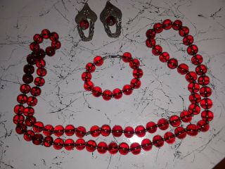Antique Red Cherry Amber Bakelite 46 " Rope Bead Necklace,  Bracelet/earrings Set
