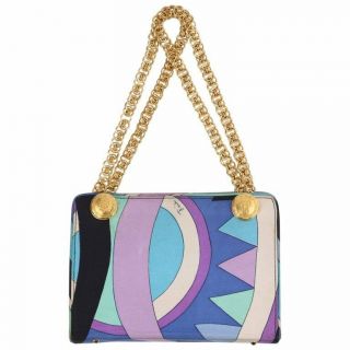 Emilio Pucci C1970s " Vivara " Signature Print Blue Op Art Silk Chain Handle Purse