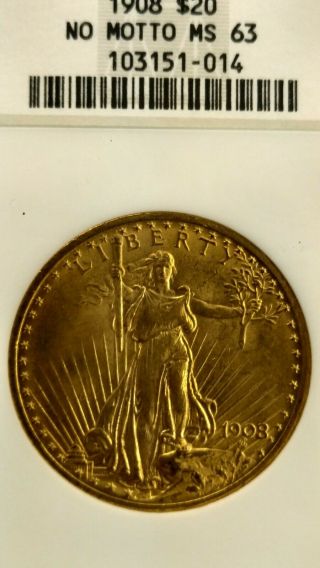 1908 No Motto $20 Saint Gaudens Double Eagle MS - 63 NGC 