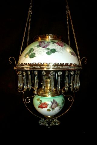 Antique Ansonia Hanging Oil Lamp (purple & Red Floral)