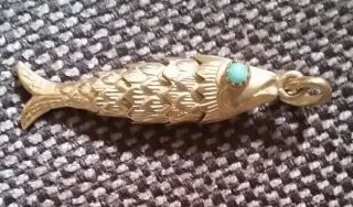 18k Gold Vintage Flexible Fish Charm/pendant W/turquoise Eyes - 5.  6 Grams