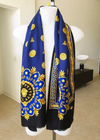 Gianni Versace Royal Blue & Gold Silk Long Scarf Baroque Medusa & Fly From 1995