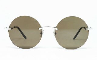 Nos Vintage Sunglasses Cartier Round Silver Rimless Titanium Frame Full Set