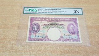 Malaya 10 Dollars.  1940.  Pmg 53 Pinholes.  Key Date Rare In