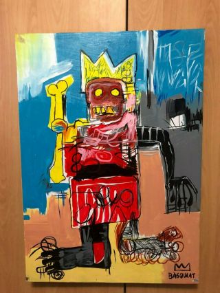 Jean Michel Basquiat Oil Painting On Canvas Signed 19.  7 X 29.  5