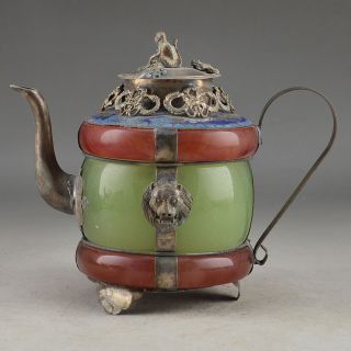 Fine Chinese Collectable Old Jade Handwork Armored Dragon Leo Tea Pot Ornament