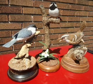 Vintage Hand Carved Wood Birds / Chickadees & Sparrow All Signed