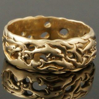 Wide,  Heavy Solid 14k Yellow Gold,  Dolphins Pattern Estate Band,  Ring 8mm