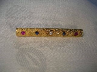 Gorgeous Antique 14k Yellow Gold Diamond Ruby Sapphire Ornate Brooch Pin