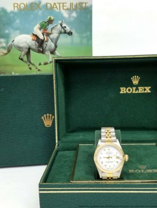 Vintage Rolex Datejust 69173 Quickset 18k Gold Ss White Roman Ladies Watch Box