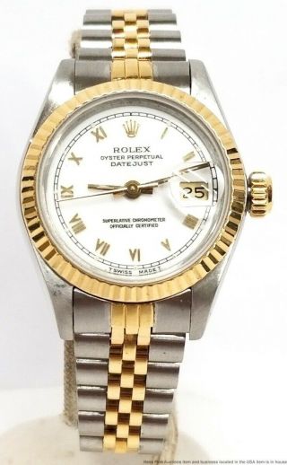 Vintage Rolex Datejust 69173 Quickset 18k Gold SS White Roman Ladies Watch Box 2