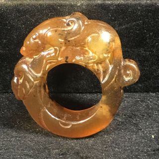 Old Chinese Natural Jade Hand - Carved Dragon Ring Pendant Xo114