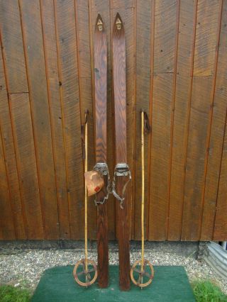 Antique Skis 76 " Long Signed Ash Tryol,  Bamboo Poles W/ Railway Ticket