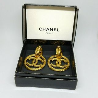 Authentic Rare Vintage Chanel Cc Logo Gold Round Hoop Clip Dangled Earrings