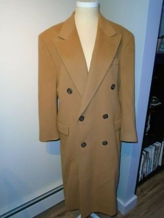 Vintage Saks Fifth Avenue Camel Cashmere Long Overcoat 1989 Double Breasted 40