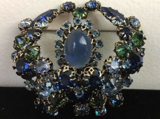 Vintage SCHREINER YORK Pin Brooch Large Mixed Blue And Green Rhinestones 8