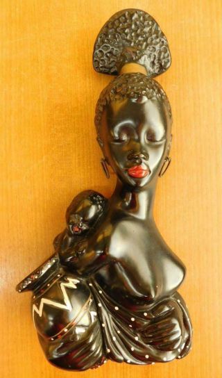 African Lady With Child Retro Wall Plaque Chalkware Sculpture 1950s