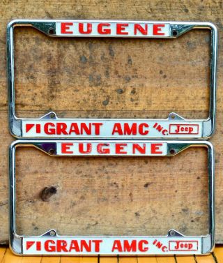 Set Vtg Em 60s Metal Dealer License Plate Frame Grant Motors Amc Jeep Eugene Or