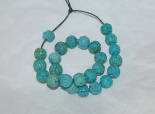 Vintage Carved Hubei Turquoise Longevity 8 - 9mm Round Beads - 8.  5 " Strand - 1262c