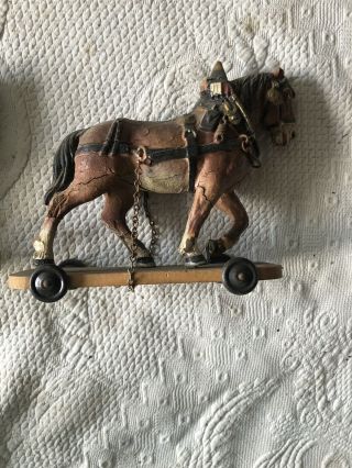 German Horse On Platform Pull Toy With Harness And Saddle Antique 5 " Inch Wood.