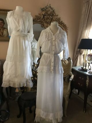 Antique 1910s Lace Dress Tea Wedding Gown Complete W/ Corset Cover Petticoat M