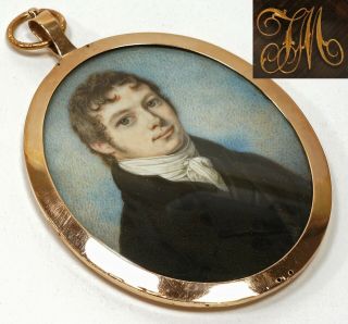 Antique 1810s Memorial Miniature Portrait Of Gentleman In Gold Frame & Hair Back