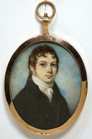 Antique 1810s MEMORIAL Miniature PORTRAIT of GENTLEMAN in GOLD Frame & HAIR Back 4