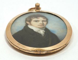 Antique 1810s MEMORIAL Miniature PORTRAIT of GENTLEMAN in GOLD Frame & HAIR Back 8