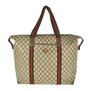 G94 Gucci Authentic Sherry Webbing Travel Bag Shoulder Hand Tote Vintage Gg Pvc