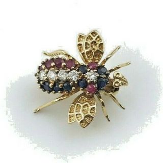 Vintage 14k Yellow Gold Ruby,  Sapphire & Diamond Bee Fly Insect Brooch Pin