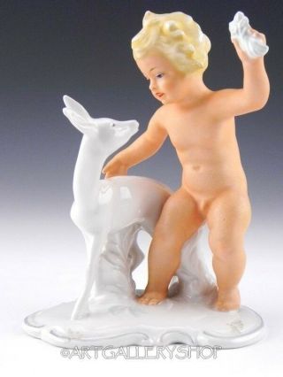 Vintage Schaubach Kunst Porcelain Figurine 1347 Nude Cherub Boy With Deer