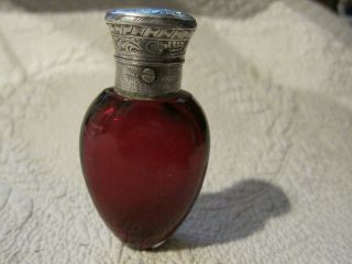 Antique Victorian Ruby Red Glass & Sterling Silver Perfume Bottle