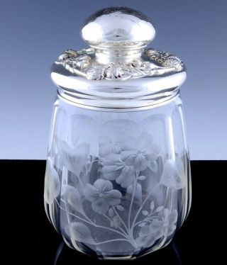 Large C1904 American Repousse Sterling Silver Cut Glass Cigar Humidor Jar