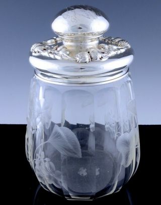 LARGE c1904 AMERICAN REPOUSSE STERLING SILVER CUT GLASS CIGAR HUMIDOR JAR 2