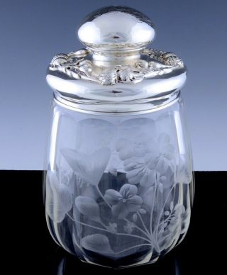 LARGE c1904 AMERICAN REPOUSSE STERLING SILVER CUT GLASS CIGAR HUMIDOR JAR 3