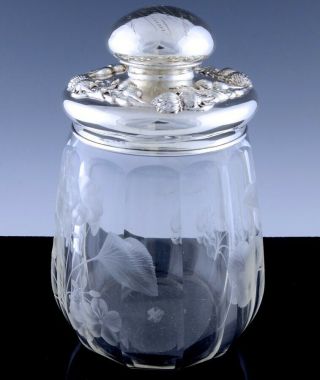 LARGE c1904 AMERICAN REPOUSSE STERLING SILVER CUT GLASS CIGAR HUMIDOR JAR 4