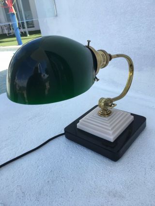 Vintage 1930 ' s Art Deco Bankers Desk Lamp Brass & Glass 2
