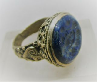 Lovely Antique Near Eastern Gold Gilded Ring With Lapis Lazuli Intaglio Stone