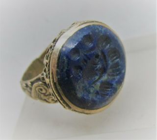 LOVELY ANTIQUE NEAR EASTERN GOLD GILDED RING WITH LAPIS LAZULI INTAGLIO STONE 2
