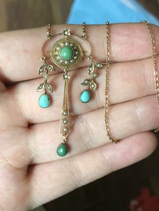 Magnificent Antique 9ct Gold Turquoise And Pearl Necklace