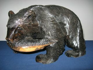 Large Detailed Wood Carved Japanese Ainu Style Bear With Salmon Fish In Mouth