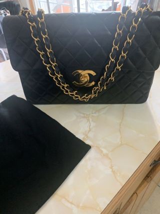 Chanel Jumbo Vintage Black Lambskin Flap Bag 24k Ghw Xl Cc 