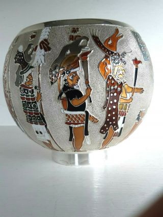 Large Important Silver Cloisonne Enamel Miguel Pineda Mexican Mayan Vase Bowl