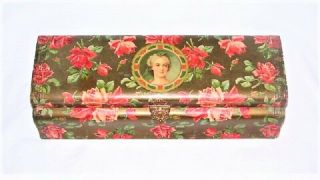 Vtg Antique Victorian Roses W Lady Portrait & Silk Lining Wood Glove Hanky Box